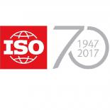 The ISO logo - a red square with a world motif and ISO in white