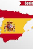 An outline of the country of Spain, with the interior coloured in the Spain flag - a yellow centre with a coat of arms, bordered by two horizontal red stripes