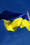 Photo of the national flag of Ukraine which consists of equal sized horizontal bands of blue and yellow