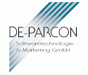 El nombre de la empresa De-Parcon delante de rayas diagonales verdes sobre fondo blanco