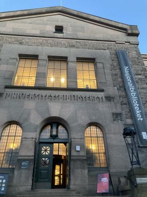 A picture of the stone frontage of the national library building