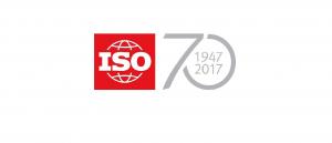 The ISO logo - a red square with a world motif and ISO in white