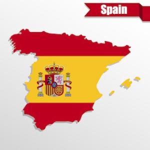 An outline of the country of Spain, with the interior coloured in the Spain flag - a yellow centre with a coat of arms, bordered by two horizontal red stripes