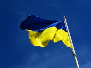 Photo of the national flag of Ukraine which consists of equal sized horizontal bands of blue and yellow