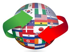 A sphere containing a mosaic of world flags. A red arrow and a green arrow are circling the sphere.