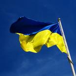 Photo of the national flag of Ukraine which consists of equal sized horizontal bands of blue and yellow